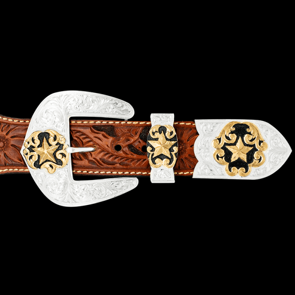 Pecos, Our "Pecos" 3 Piece buckle is an absolute beauty!  Built with sterling silver, this buckle is detailed with golden stars on each piece to ca